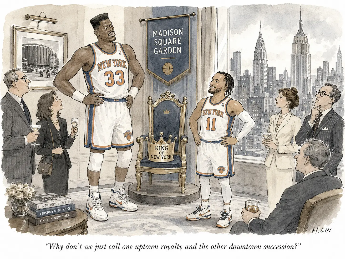 "A New Yorker-style cartoon depicting Patrick Ewing and Jalen Brunson in New York Knicks uniforms facing each other, with a crown on a chair labeled 'King of New York' between them. Surrounding them are well-dressed spectators holding drinks, in a room overlooking the Manhattan skyline, with the caption: 'Why don’t we just call one uptown royalty and the other downtown succession?'"